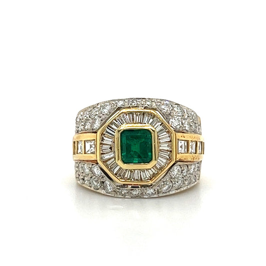 18KT YELLOW GOLD EMERALD AND DIAMOND LADIES RING