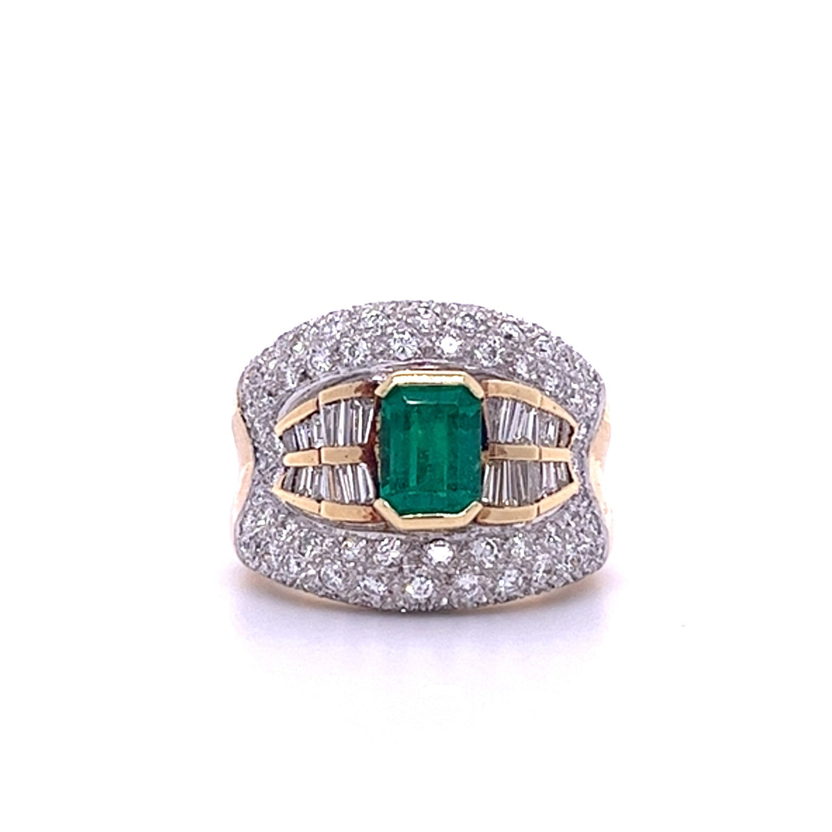 18KT YELLOW GOLD FANCY DIAMOND AND EMERALD LADIES RING