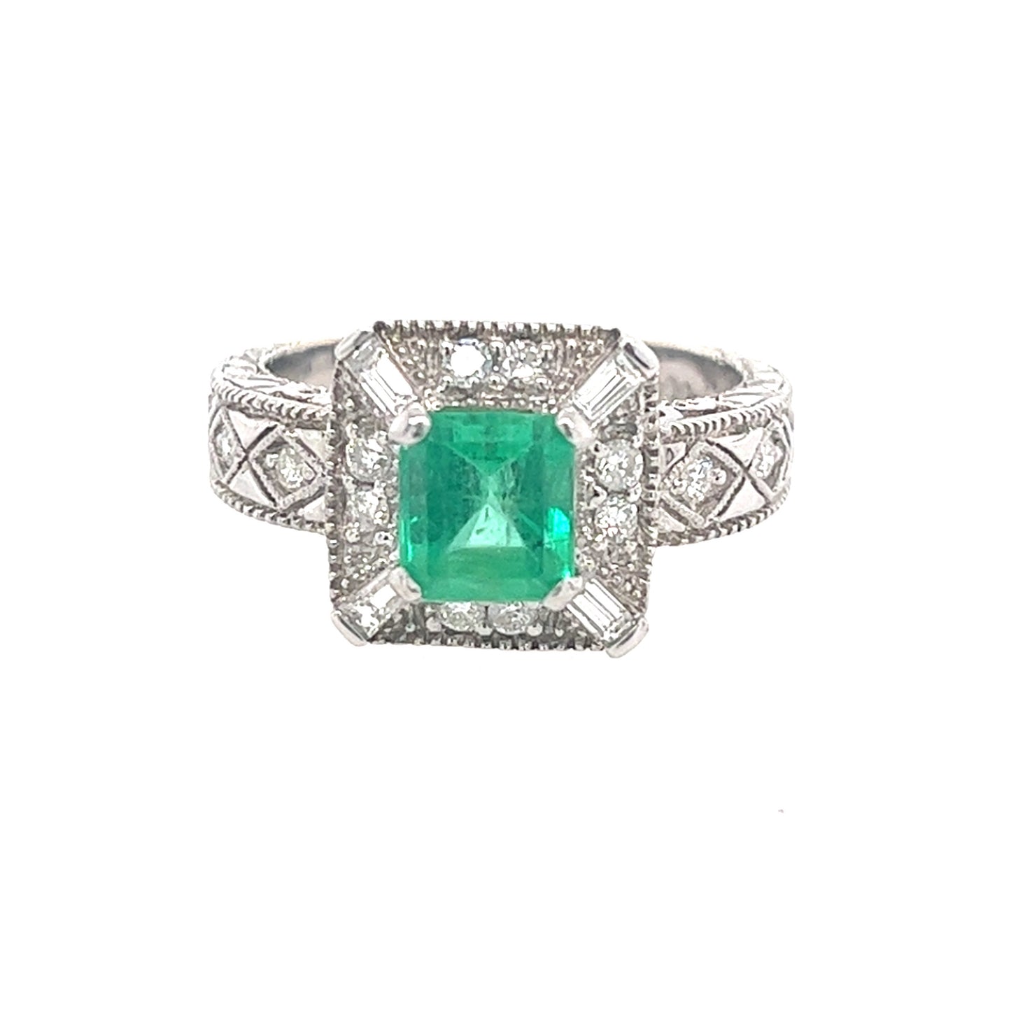 14K White Gold Womens Diamond and Emerald Cocktail Ring