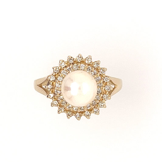 14KT YELLOW GOLD PEARL AND DIAMONDS FINE LADIES RING