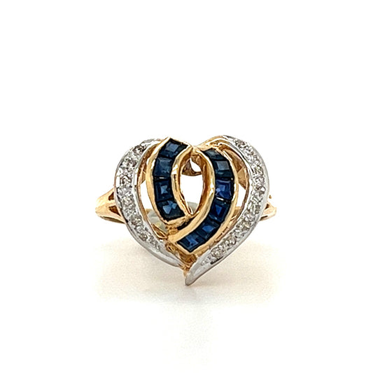 14KT WHITE GOLD FANCY SAPPHIRE AND DIAMOND HEART RING