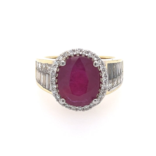 18KT YELLOW GOLD DIAMOND AND RUBY LADIES RING