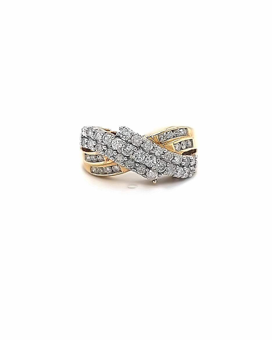 14KT YELLOW GOLD DIAMOND CRISS CROSS DOUBLE ROW LADIES RING