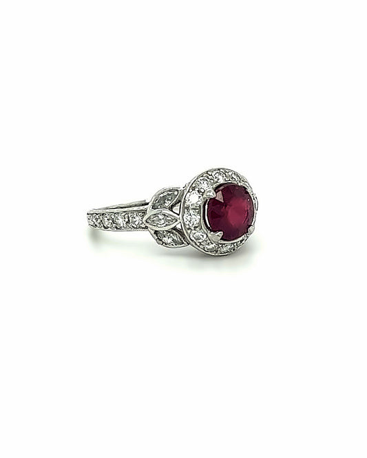 PLATINUM FILIGREE DIAMOND AND RUBY RING