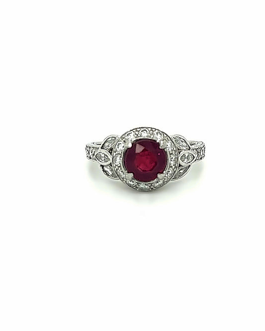 PLATINUM FILIGREE DIAMOND AND RUBY RING