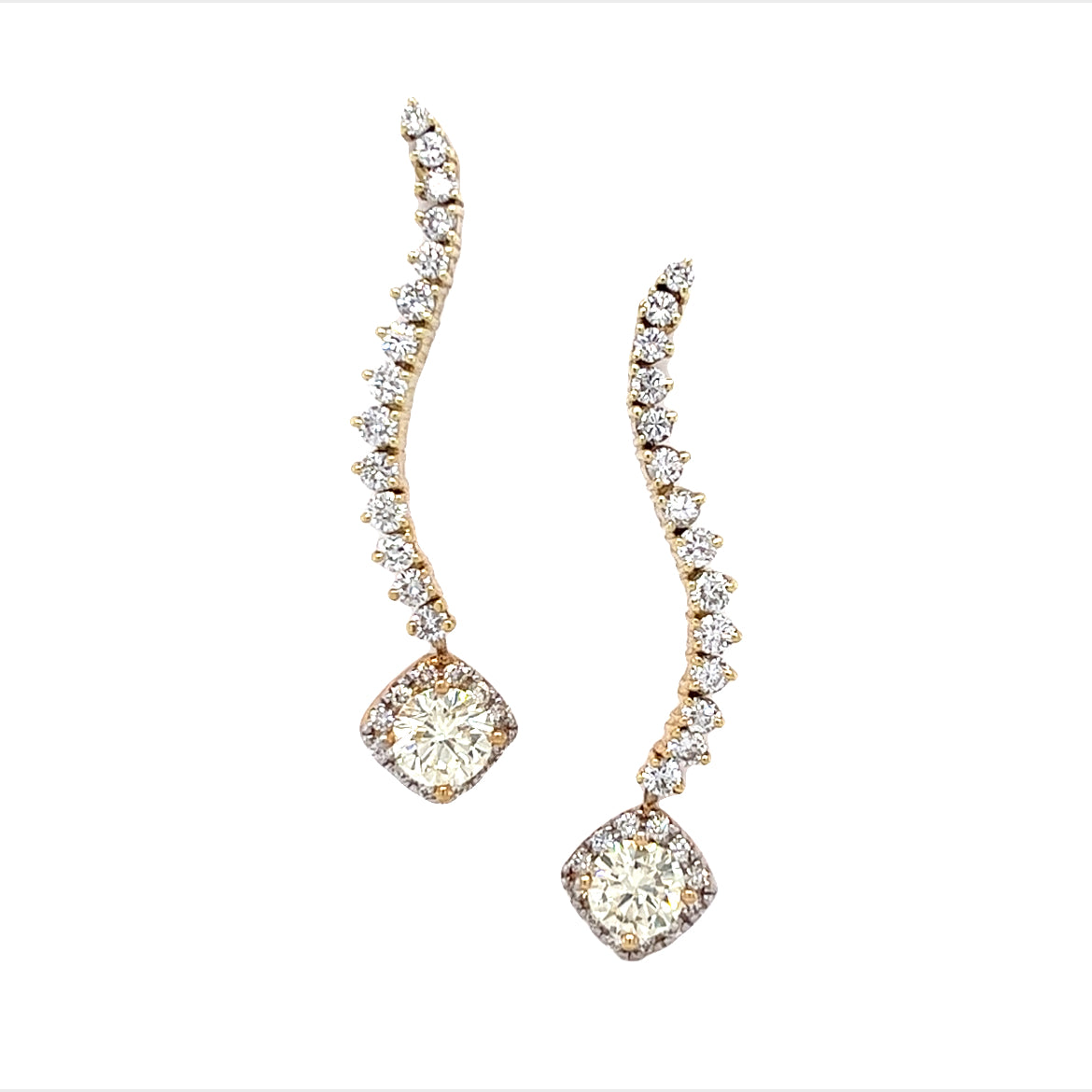 14KT YELLOW GOLD DANGLING EARRINGS WITH ROUND DIAMONDS