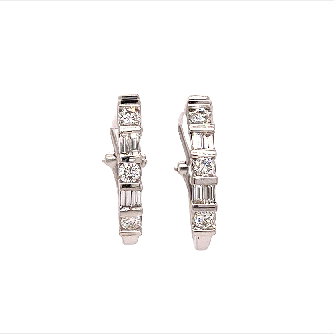 14KT WHITE GOLD ROUND AND BAGUETTE DIAMOND EARRINGS OMEGA BACK