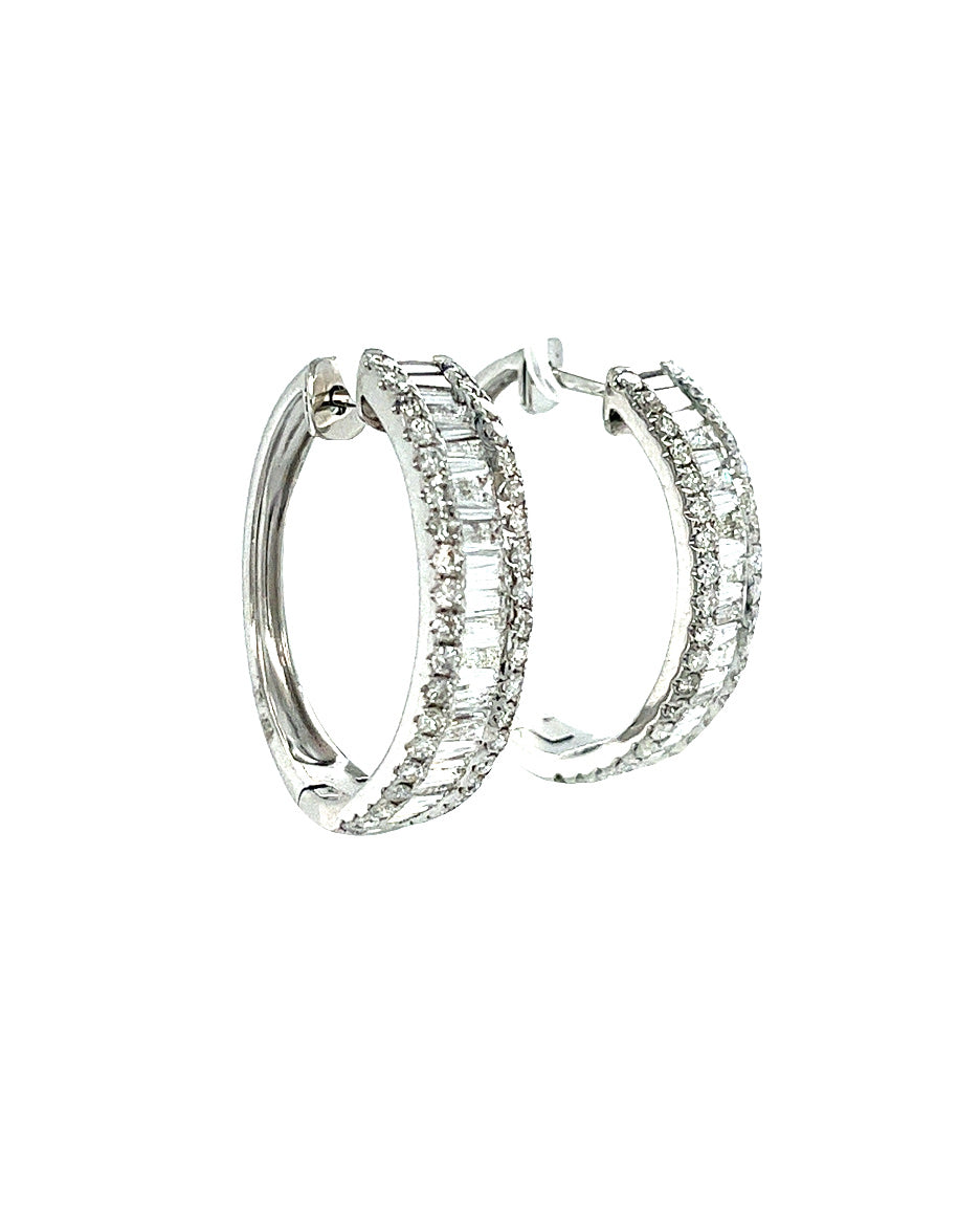 14KT WHITE GOLD ROUND AND BAGUETTE DIAMOND HOOPS