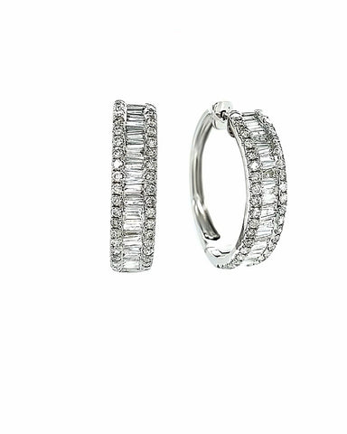 14KT WHITE GOLD ROUND AND BAGUETTE DIAMOND HOOPS