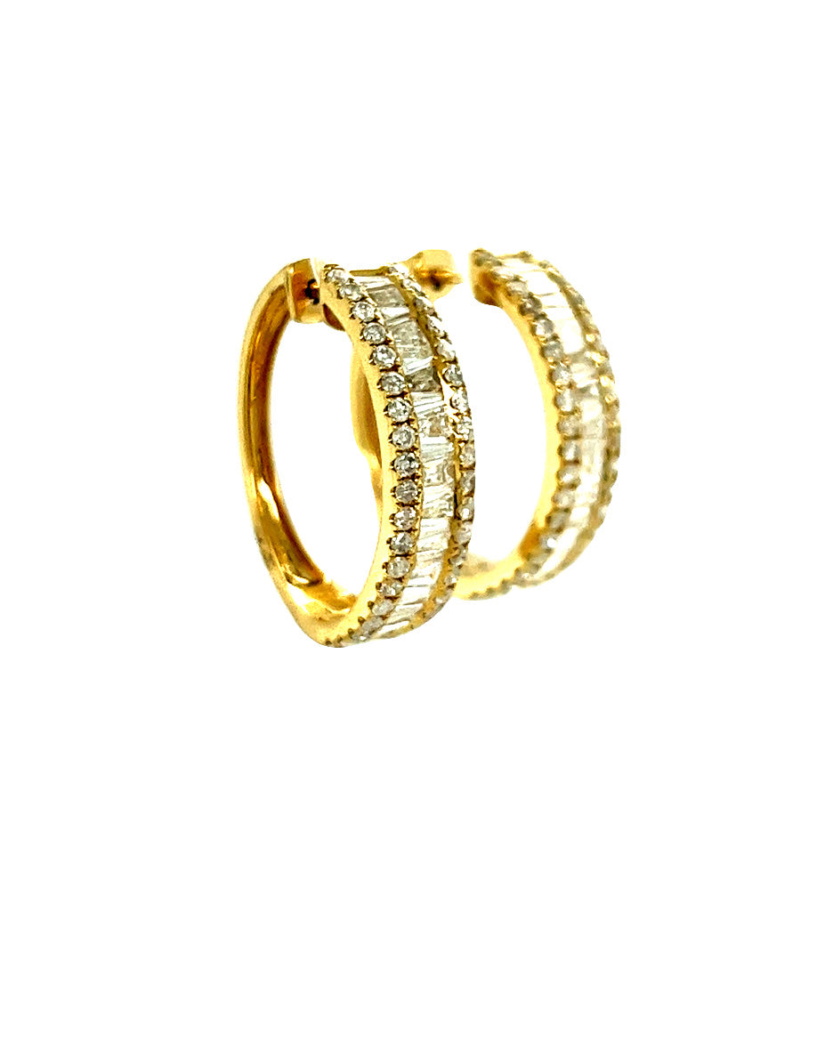 14KT YELLOW GOLD ROUND AND BAGUETTE DIAMOND HOOPS