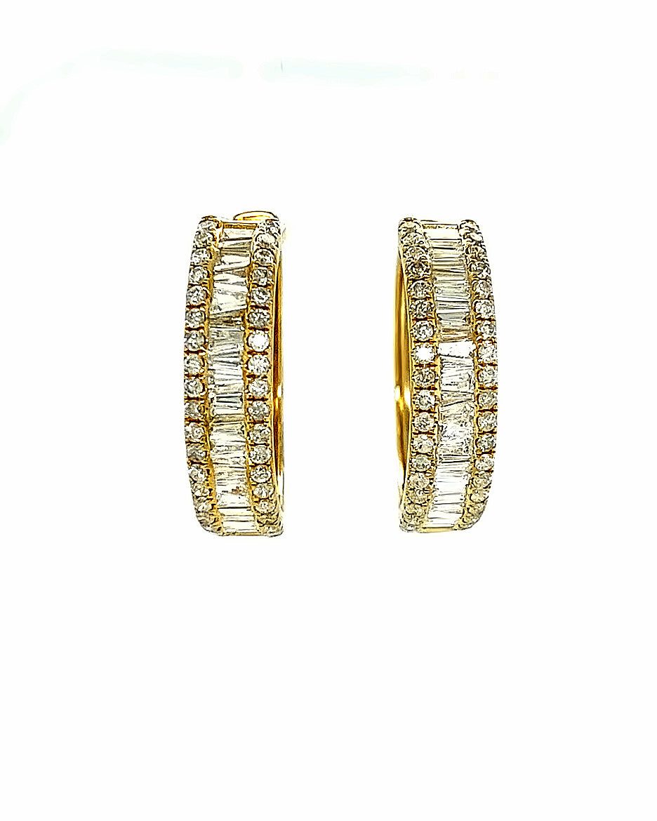 14KT YELLOW GOLD ROUND AND BAGUETTE DIAMOND HOOPS
