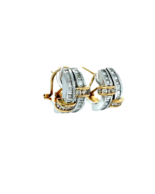 14KT TWO TONE DIAMOND ROUND AND BAGUETTE EARRINGS