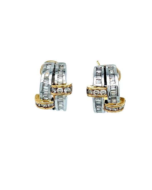 14KT TWO TONE DIAMOND ROUND AND BAGUETTE EARRINGS