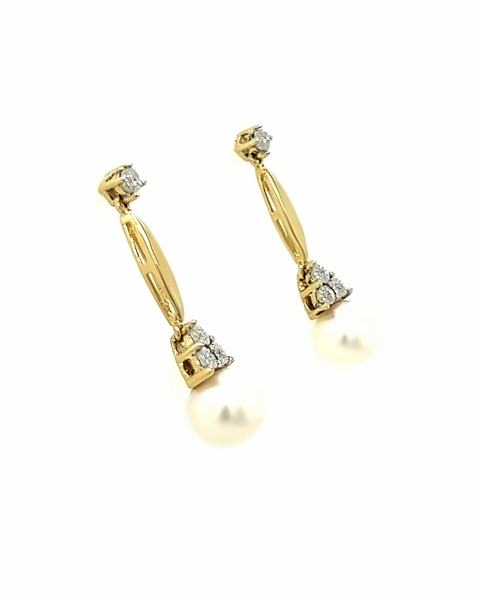 10KT YELLOW GOLD DANGLE EARRINGS WITH DIAMONDS AND PEARLS