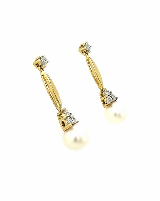 10KT YELLOW GOLD DANGLE EARRINGS WITH DIAMONDS AND PEARLS