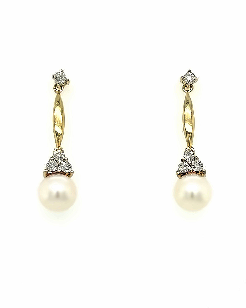 10KT YELLOW GOLD DANGLE EARRINGS WITH DIAMONDS AND PEARLS