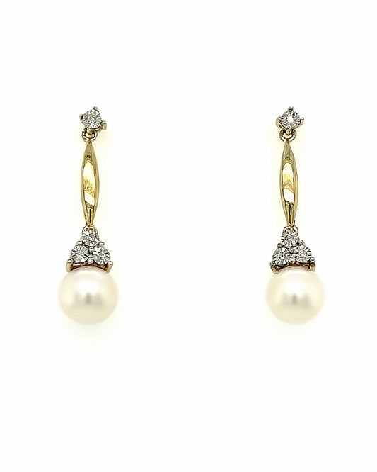 10KT YELLOW GOLD DANGLE EARRINGS WITH DIAMONDS AND PEARLS