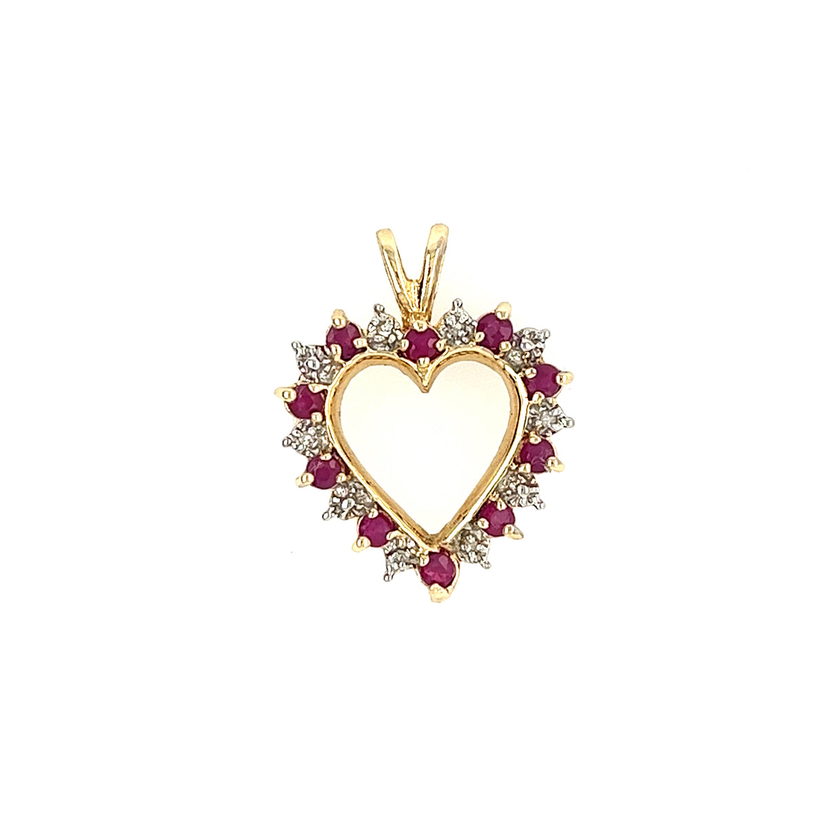 14KT YELLOW GOLD DIAMOND AND RUBY HEART PENDANT