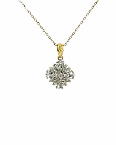 14KT YELLOW GOLD ROUND AND BAGUETTE FLOWER PENDANT