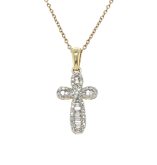 14KT YELLOW GOLD ROUND AND BAGUETTE DIAMOND CROSS PENDANT
