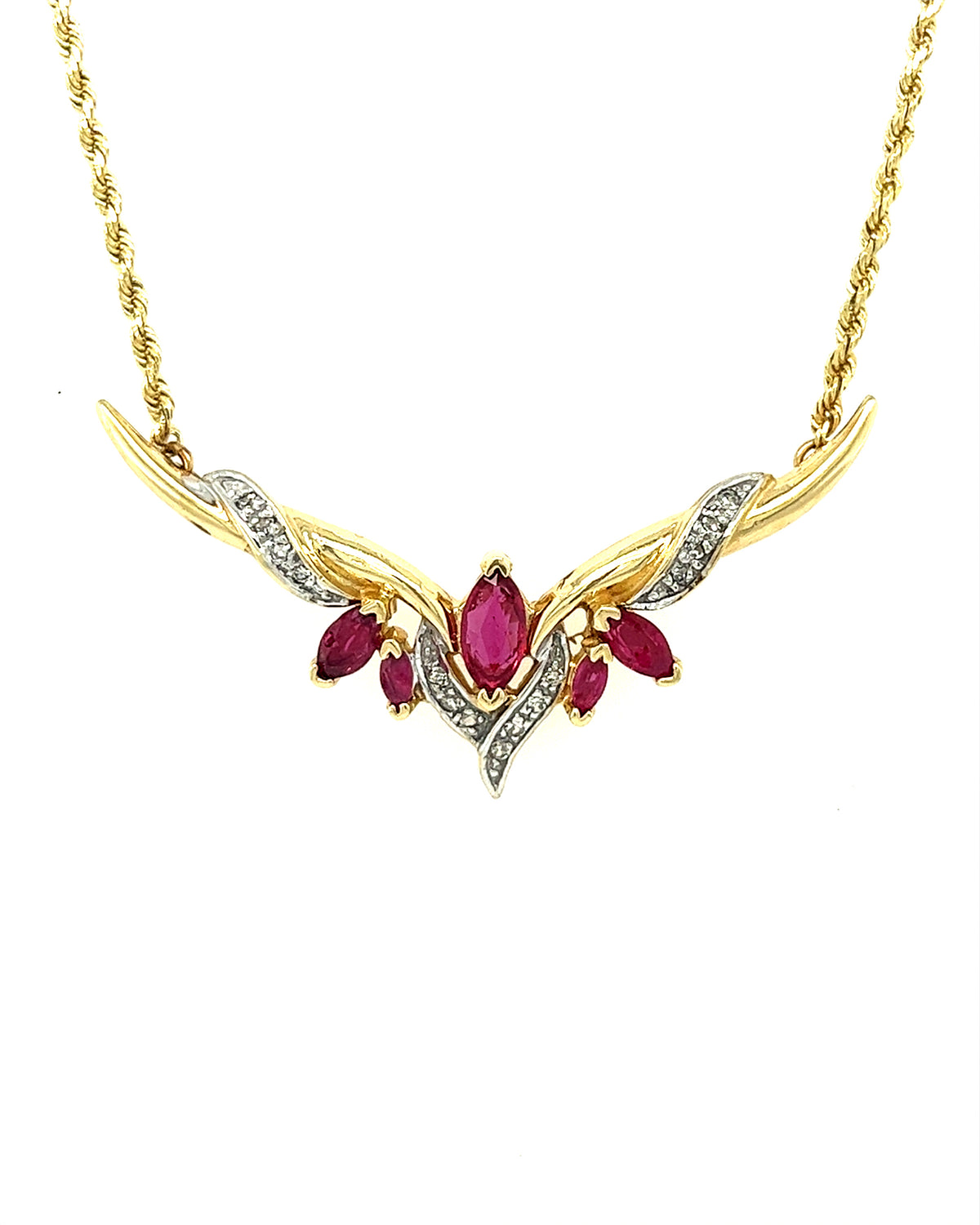 14KT YELLOW GOLD DIAMOND AND RUBY NECKLACE