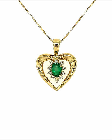 14KT YELLOW GOLD EMERALD AND DIAMOND HEART PENDANT