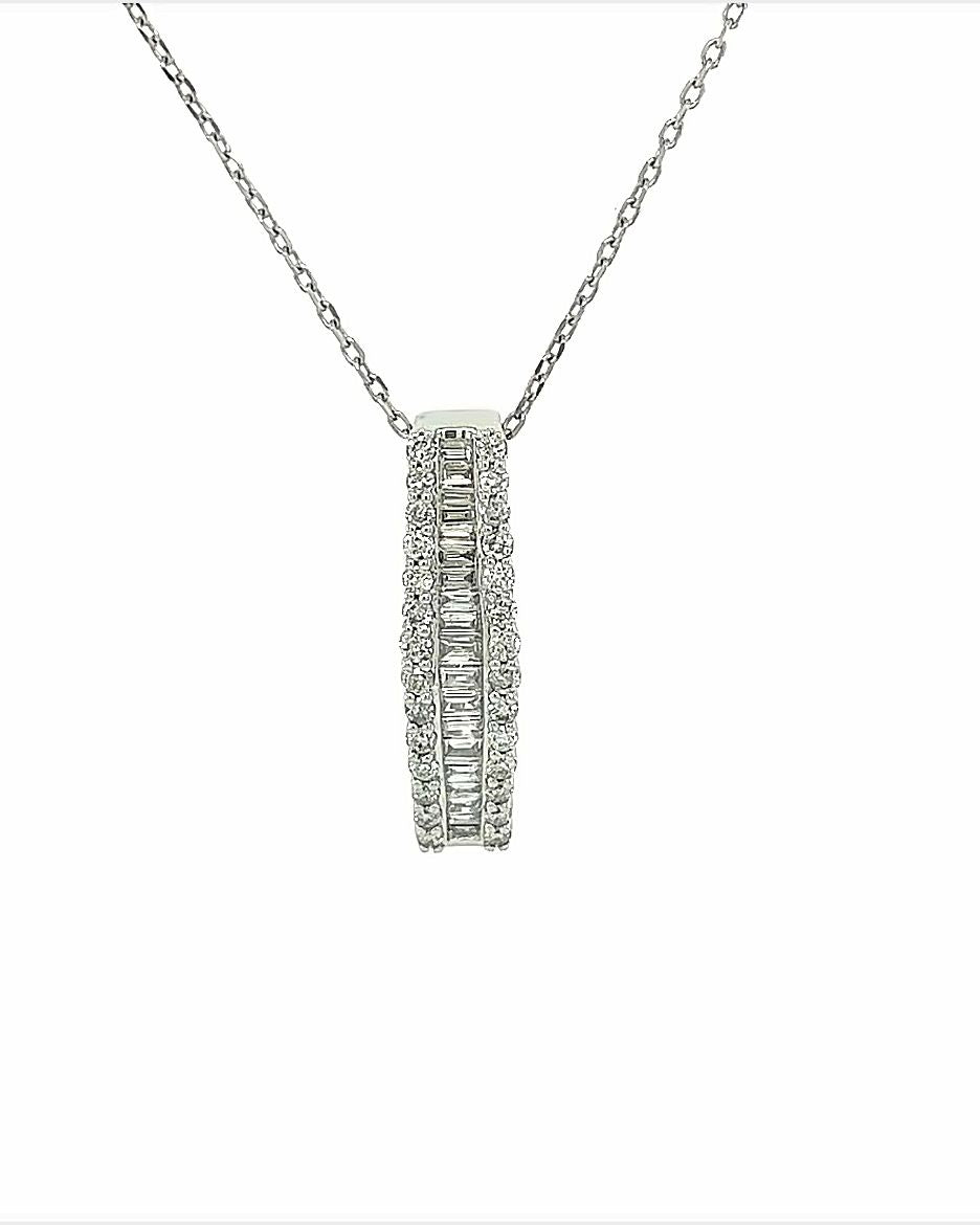 14KT WHITE GOLD ROUND AND BAGUETTE PENDANT