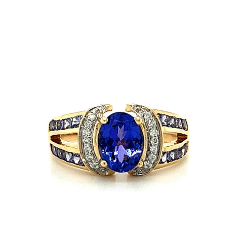 14KT YELLOW GOLD BLUE TANZANITE COCKTAIL RING WITH BRILLIANT DIAMONDS