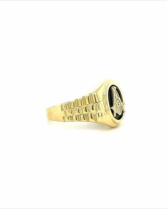 10KT YELLOW GOLD ONYX MASONIC MENS RING