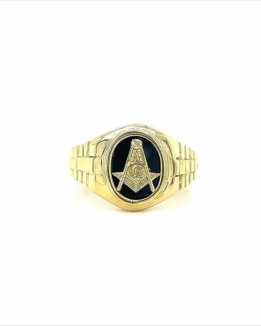 10KT YELLOW GOLD ONYX MASONIC MENS RING