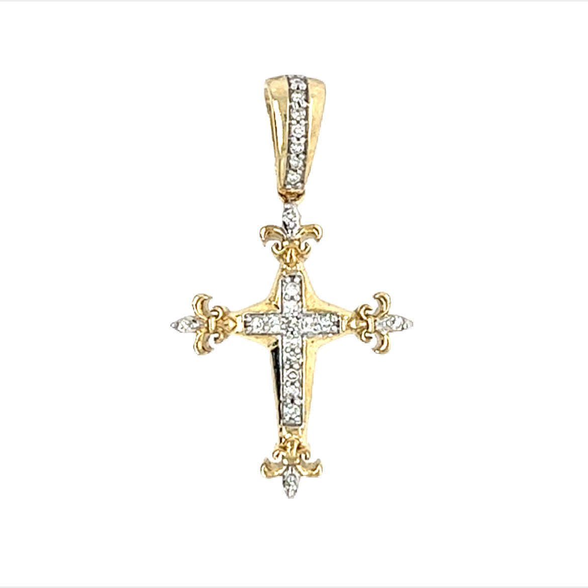 10KT YELLOW GOLD DIAMOND CROSS WITH FLEUR-DE-LIS CHARM