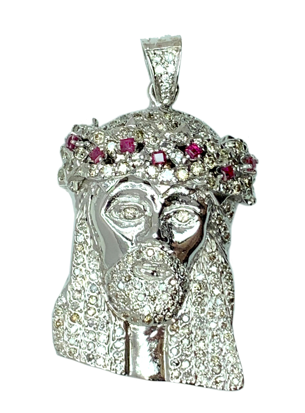 14 KT - White Gold Mens Diamond Jesus Head Pendant with Ruby - 3.8 CT