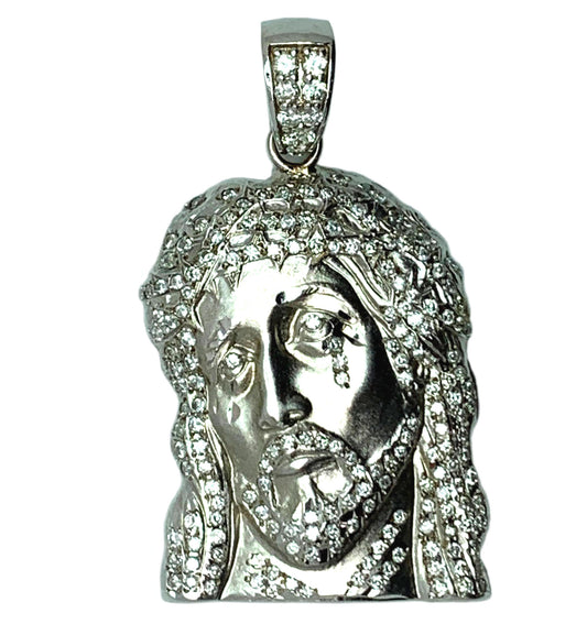 14 KT - White Gold Mens Diamond Jesus Head Pendant - 2.43 CT