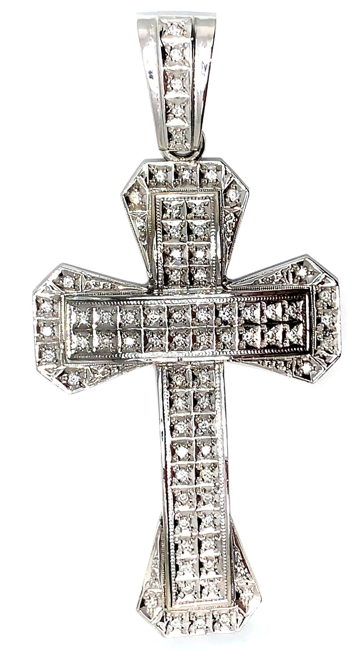 14KT - White Gold Mens Diamond Cross Pendant - 2.01 Ctw