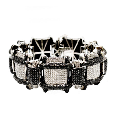 14K White Gold Men`s Bracelet Italian Custom Made 12.64Ct Diamonds 23.48Ct Black