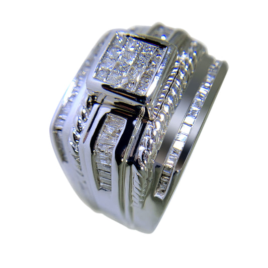 14 KT WHITE GOLD - WONDERFUL MENS RING WITH BAGUETTE AND PRINCESS DIAMONDS - 2.54 CT