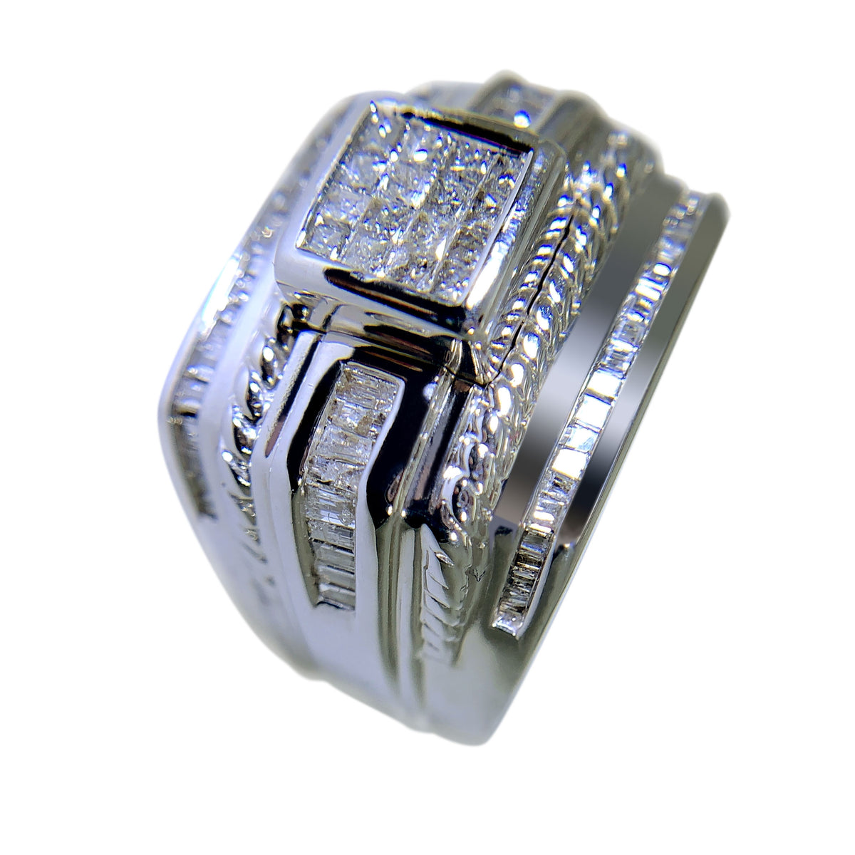 14 KT WHITE GOLD - WONDERFUL MENS RING WITH BAGUETTE AND PRINCESS DIAMONDS - 2.54 CT