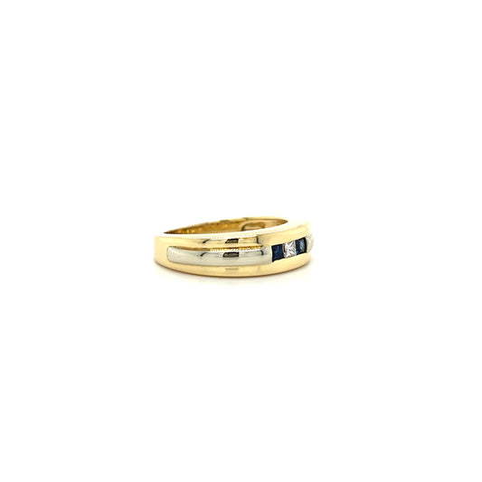 14KT YELLOW GOLD FANCY MENS DIAMOND AND SAPHIRE BAND