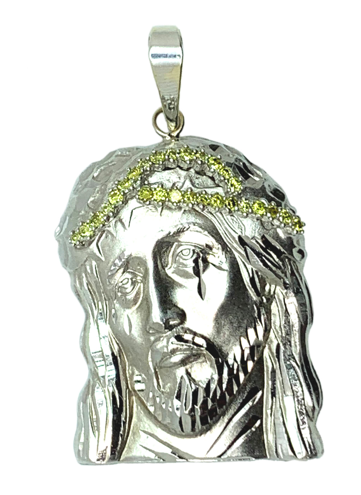 14KT - White Gold Mens Diamond Jesus Head Pendant with Yellow Diamonds - 0.89 Ctw