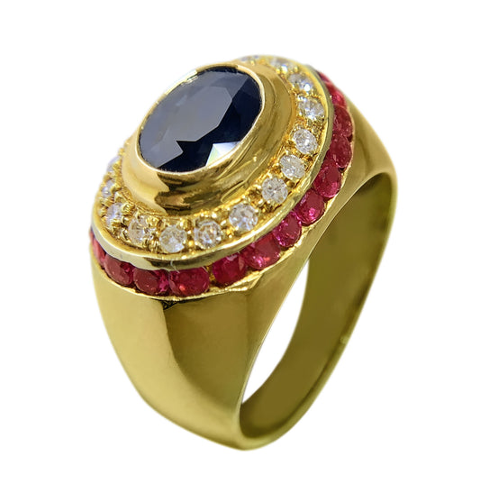 18 KT YELLOW GOLD - BEAUTIFUL RING WITH ROUND DIAMONDS RUBY AND OVAL SAPPHIRE - 1.46 CT