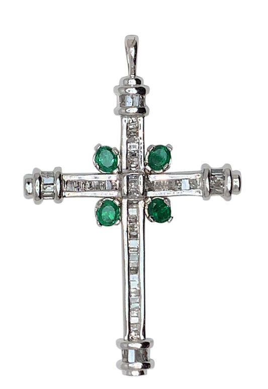 14 KT WHITE GOLD -  DELICATE CROSS PENDANT WITH BAGUETTE DIAMOND & EMERALDS - 1.46 CT