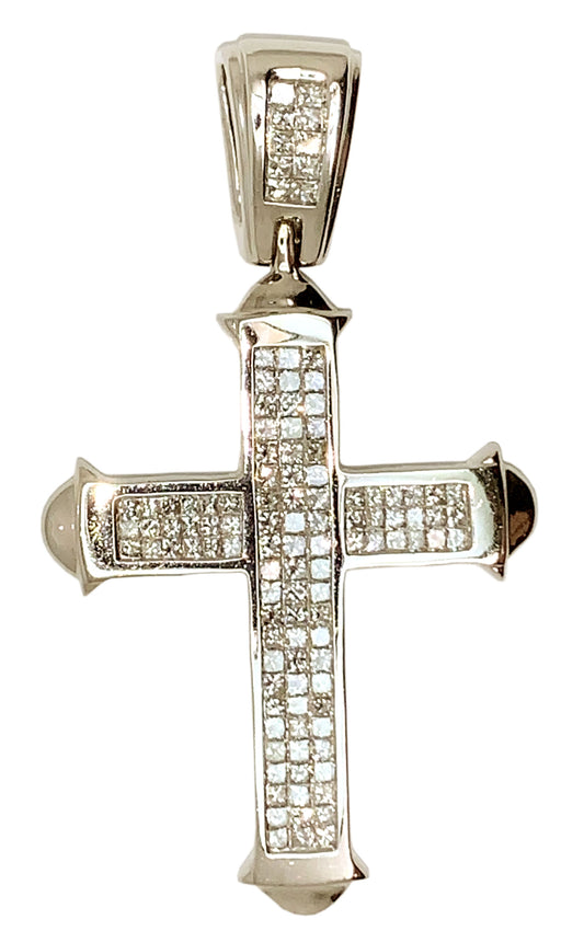 14 KT WHITE  GOLD - PRINCESS DIAMOND CROSS PENDANT MEN - 4.65 CT