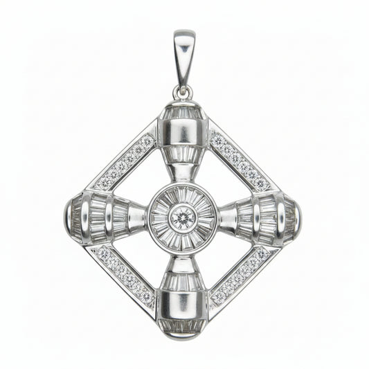 14 KT WHITE GOLD - CROSS MEDAL WITH PINCESS BAGUETTE AND ROUND DIAMONDS - 2.68 CT