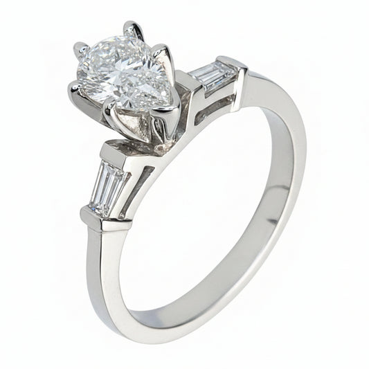 14 KT WHITE GOLD GORGEOUS PEAR DIAMOND ENGAGEMENT RING - 1.2 CT