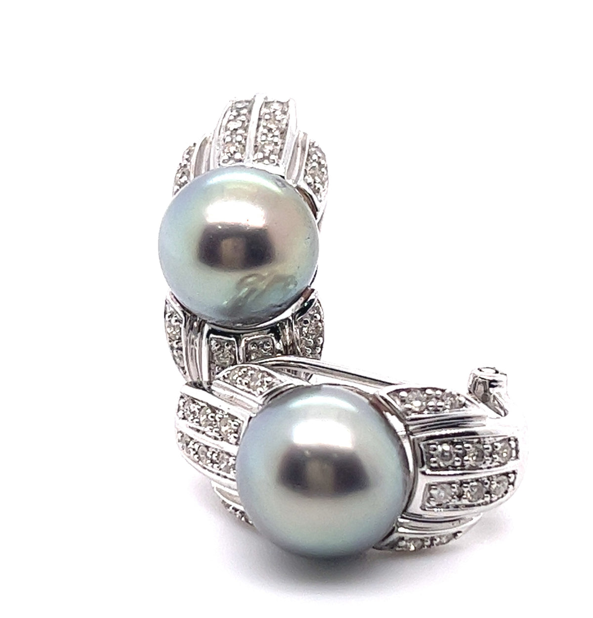 14KT WHITE GOLD FANCY LADIES DIAMOND AND PEARL EARRINGS