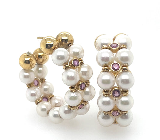 18KT YELLOW GOLD FANCY PEARL AND RUBY HOOP EARRINGS