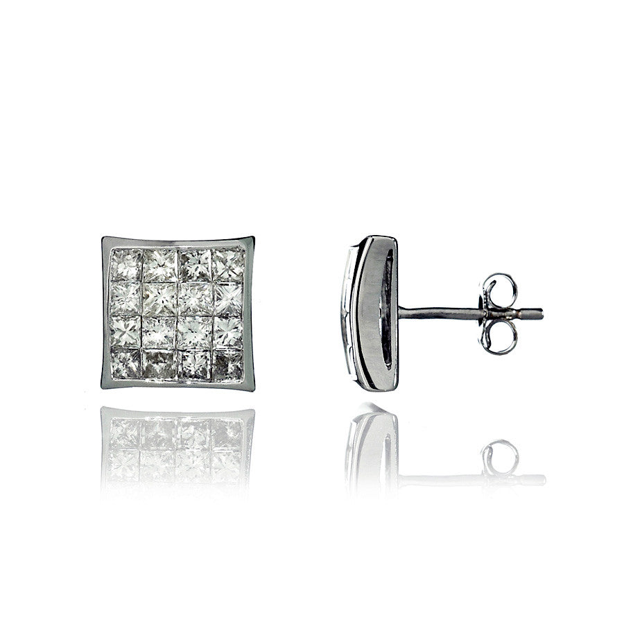 14K White Gold Diamond Cluster Stud Earrings 3.00 Ctw