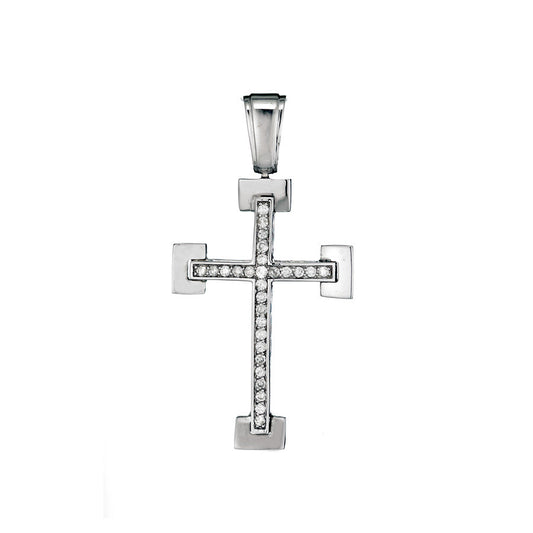 14KT - White Gold Mens Diamond Cross Pendant - 1.25 Ctw