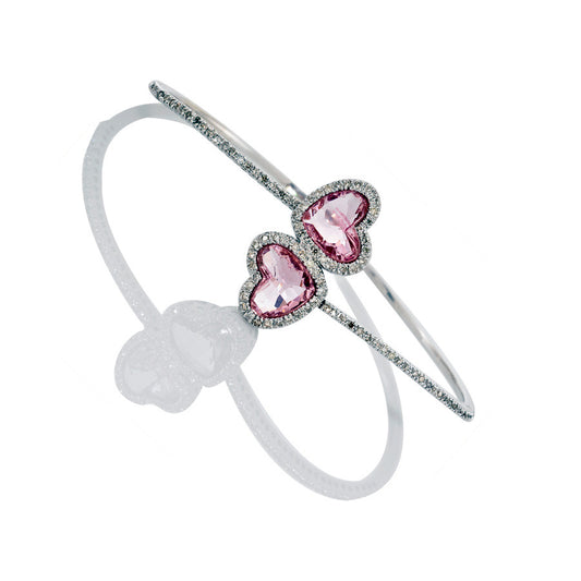 14K White Gold Women’s Diamond Bangle Bracelet with Pink Heart 1.25 Ctw