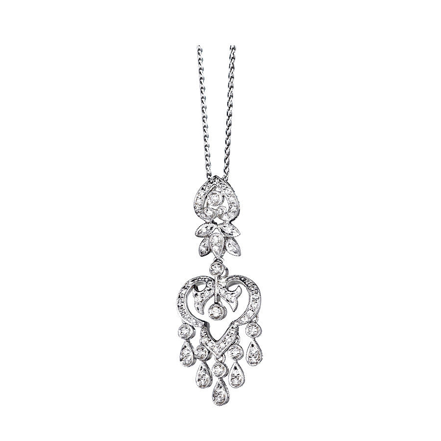 18K White Gold Womens Diamond Antique Style Drop Pendant 0.89 Ctw